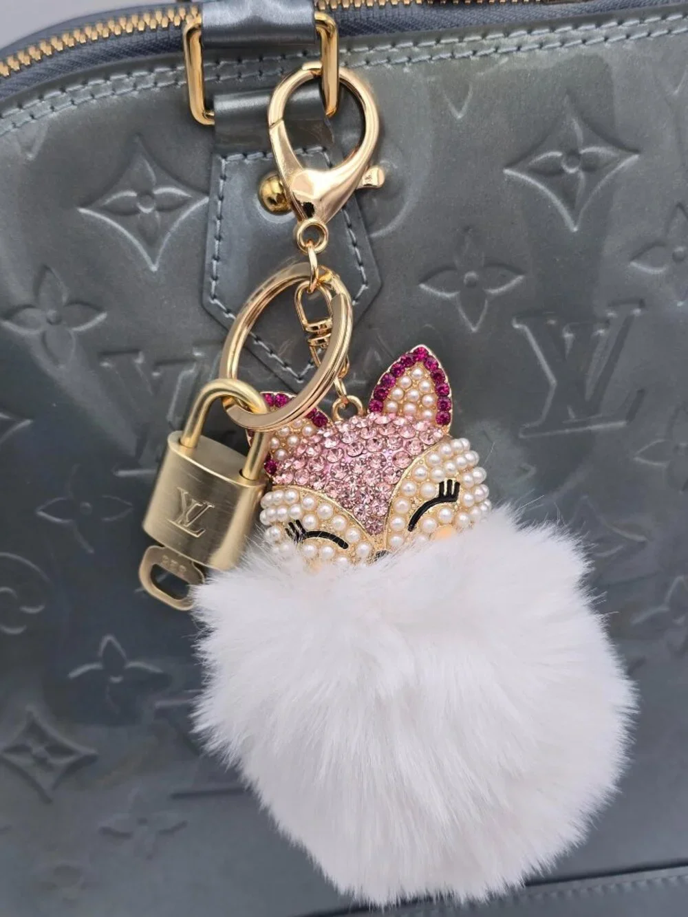 LV Authentic Gold Padlock 🔒 Key Set w/ Unbranded Fox Pom-pom Keychain Charm